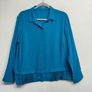 Fridaze 100% Linen Teal Turquoise Blue M Button Down Shirt Pleated Hem Collared